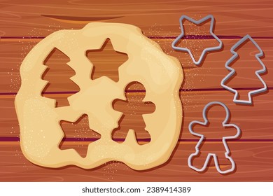 Dough con la estrella del cortador de galletas de alfiler, hombre, formas de árbol de navidad dan forma al estilo de caricatura de vista superior sobre una mesa de madera. Preparación, cocina.