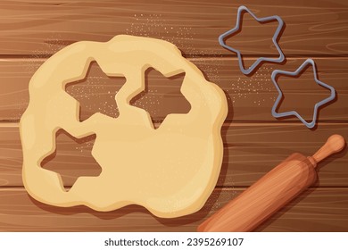 Dough with rolling pin cookie cutter star shape top view cartoon style on wooden table, desk Preparation, cooking.