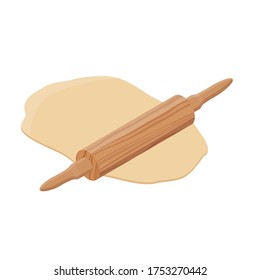 Dough, rolling pin and flour isometric view. Vector dough kneading with rolling pin, bakery and patisserie or baker shop, wheat and rye bread baking