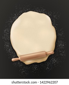 Dough, rolling pin and flour on table, 3d realistic top view. Vector dough kneading with rolling pin, bakery and patisserie or baker shop poster, wheat and rye bread baking