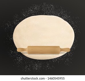 Dough, rolling pin and flour on table, rolled pastry food. Vector pizza dough kneading on black, patisserie and bakery. Homemade domestic bread and kitchen utensils, pin with handle, sprinkled flour