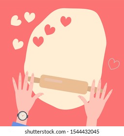 Dough, rolling pin and flour on table,  cooking heart shaped cookies. Bakery and patisserie or baker shop poster