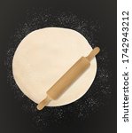 Dough, rolling pin and flour realistic vector food. Wheat bread, pizza and pastry dough with wooden roller, baking ingredients and kitchen utensil for bakery shop, cafe or pizzeria theme