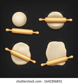 Dough and rolling pin with flour, vector 3d realistic design. Dough kneading with wooden roller on black table background, top view, bakery shop and pastry baking isolated elements