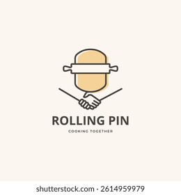 Dough Rolling Pin with handshake linear illustration symbol icon. Cooking together, kitchen, bakery, company, corporation logo design concept