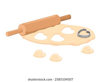 Dough with rolling pin. Homemade cookies. Bakery vector illustration isolated on white background.