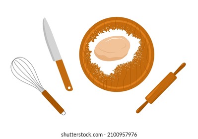 Dough and rolling pin. Kitchen utensil. Preparation homemade pizza or pasta. Top view. Stay home and cook healthy food by recipe. Vector illustration in flat cartoon style.