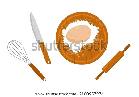 Dough and rolling pin. Kitchen utensil. Preparation homemade pizza or pasta. Top view. Stay home and cook healthy food by recipe. Vector illustration in flat cartoon style.