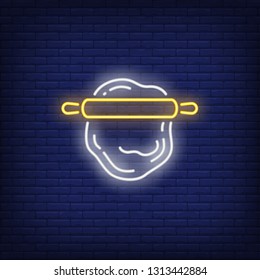 Dough and rolling pin neon sign. Cooking, kitchen and bakery advertisement design. Night bright neon sign, colorful billboard, light banner. Vector illustration in neon style.