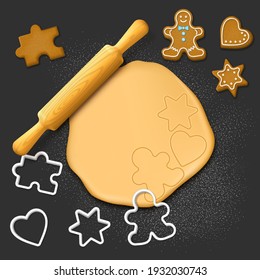 Dough, wooden rolling pin and cookie cutters, vector illustration. Realistic gingerbread men, star, heart cookies. Christmas holiday sweet pastry.