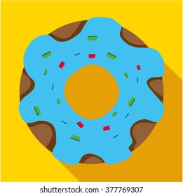 Doughnut in blue glaze flat icon. Modern colored icons in a flat design with long shadow.
