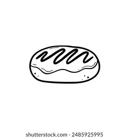 doughnut cake doodle line art with glaze icing topping side view hand drawn illustration vector black line on white isolated background