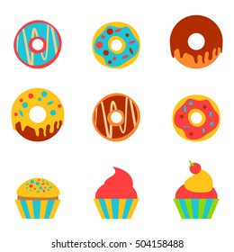 Doughnut and cake in a flat style isolated on white background.