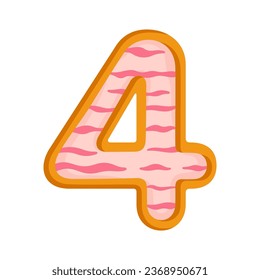 Caricatura de anillos número 4. Dígito cuatro de donut rosado glaseado.