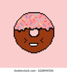 Doughnut in cartoon style. Funny doughnut in pixel. Vector illustration doughnut in pixel art