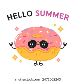 Doughnut character. Hello summer card. Vector hand drawn cartoon kawaii character illustration icon. Isolated on white background Doughnut character concept