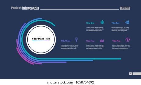 Doughnut chart slide template with five options. Business data. Diagram, comparison, design. Creative concept for infographic, presentation, report. For topics like progress, marketing, analysis
