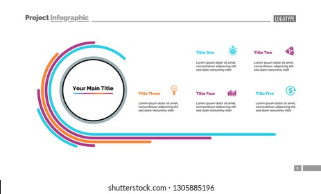 Doughnut chart slide template with five options. Business data. Diagram, comparison, design. Creative concept for infographic, presentation, report. For topics like progress, marketing, analysis