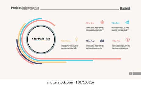 Doughnut chart slide template with five options. Business data. Diagram, comparison, design. Creative concept for infographic, presentation, report. For topics like progress, marketing, analysis