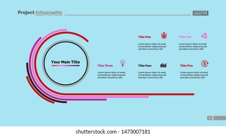 Doughnut chart slide template with five options. Business data. Diagram, comparison, design. Creative concept for infographic, presentation, report. For topics like progress, marketing, analysis