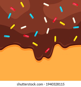 Doughnut close up. Sweet brown chocolate donut background. Vector illustration.
