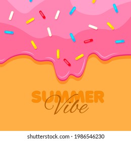 Doughnut close up. Sweet pink donut background. Summer vibe banner. Vector illustration.