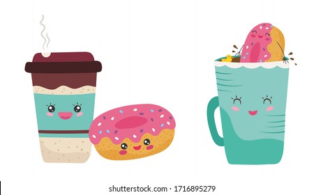 Doughnut in coffee cup, kawaii cute cartoon characters, vector illustration. Hot chocolate drink, coffee or cocoa. Funny mascot for cafe breakfast offer, kawaii coffee mug and cute donut smiling