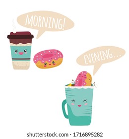 Doughnut in coffee cup, kawaii cute cartoon characters, vector illustration. Hot chocolate drink, coffee or cocoa. Funny mascot for cafe breakfast offer, kawaii coffee mug and cute donut smiling