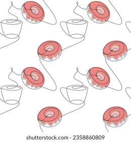 Icono de la línea de la taza de café de anillos, vector de patrón sin soldadura. Caricatura de postre lineal. Esbozar ilustración continua del doodle. Papel de cocina, fondo, impresión, diseño gráfico, tarjeta, cartel.