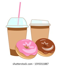 Doughnut and coffee. Coffee cups and donuts vector isolated.