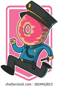 Doughnut Cop Running Vector Illustration. Police, Security, Authority, Sweet Design Concept