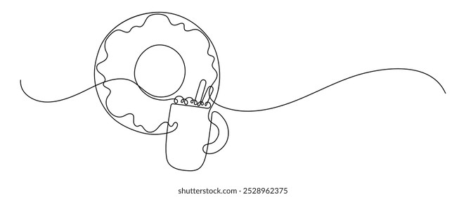 Rosquilla y taza de cacao con malvavisco y canela en rama. Dibujo de línea continua. Doodle de frontera de marco de comida.  
