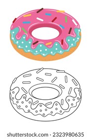 Doughnut cute vector illustration cartoon isolated on white background. Donut vector colored and colorless. Cute coloring page for kids. 
