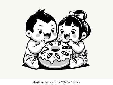 Doughnut Delight: Happy Baby Boy and Girl Admiring Sweet Treats in Logo.Vector illustration