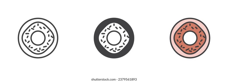 Doughnut different style icon set. Line, glyph and filled outline colorful version, outline and filled vector sign. Donut symbol, logo illustration. Vector graphics