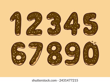 Doughnut or donut with chocolate glaze and nut topping set number typography text illustration from 0 to 9