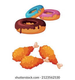 Doughnut or Donut and Deep Fried Chicken Legs as Fast Food Vector Set