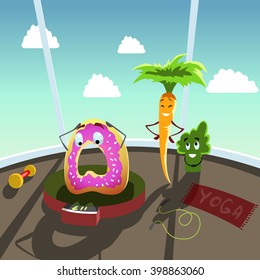 Doughnut Donut is upset with its weight . Vector humorous illustration with funny cartoon donut, broccoli and carrot. Humor, diet.