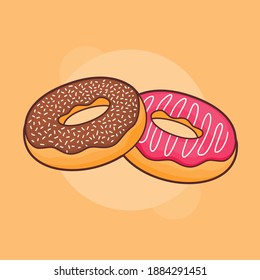 Doughnut Donuts Popular Sweet Pastry Snack Chocolate Strawberry Glaze With Flat Full Color Outline Style