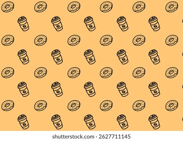 A Doughnut and drink illustration pattern with cream background, food packaging, menu illustration hand drawn print ads, food business, bakery