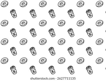 Um padrão de ilustração de rosca e bebida com fundo branco, embalagem de alimentos, menu ilustração mão desenhado anúncios de impressão, negócio de alimentos, padaria