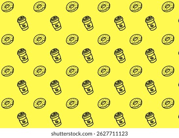 A Doughnut and drink illustration pattern with yellow background, food packaging, menu illustration hand drawn print ads, food business, bakery