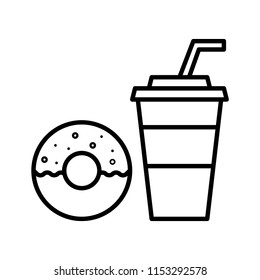 Doughnut with Drinks Icon, menu set.  Simple design, stroke outline style. Line vector. Isolate on white background.