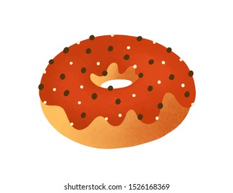 Doughnut flat vector illustration. Tasty donut decorated with chocolate icing isolated on white. Delicious pastry, traditional american snack. Baked dessert, yummy junk food design element.