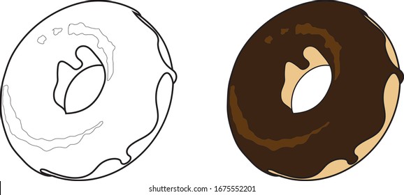 Doughnut Food Vector drawing, outline drawing, flat vector colour.