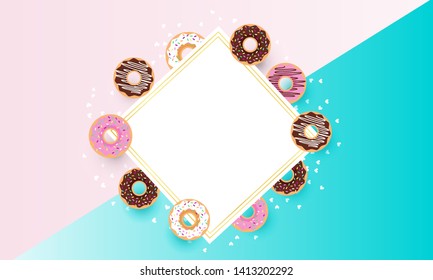 Doughnut frame, Donut shop greeting card, background, web banner. Vector illustration.