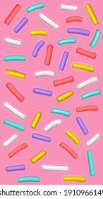 Doughnut glaze vertical background with sprinkles. Sweet pink donut cream pattern. 3d realistic vector.