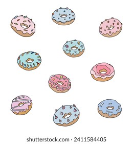 Doughnut hand drawn outline frosted food icon illustration image. Simple caramel glazed vector cookie sugar sweet pastry set image. Tasty donut outline graphic design. Colorful birthday candy snack.