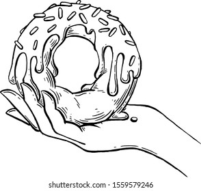 Doughnut in hand. Vector illustration. Drawing ink.