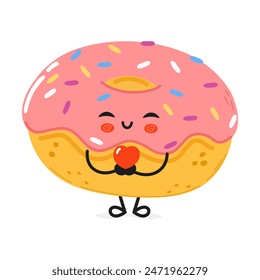 Donut sosteniendo un corazón en las manos carácter. Vector dibujado a mano de dibujos animados kawaii personaje ilustración icono. Aislado sobre fondo blanco. Concepto de personaje de donut enamorado